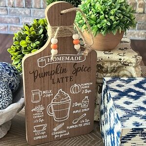 NEW! Rustic Harvest Farmhouse Wood Pumpkin Spice Latte Recipe Cutting Board Sign